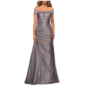 La Femme Off The Shoulder Ruched Satin Trumpet Gown
